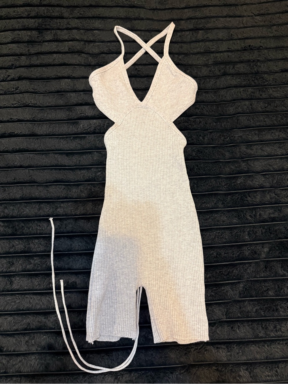 Grey Ribbed Romper with Knit Back Cutout